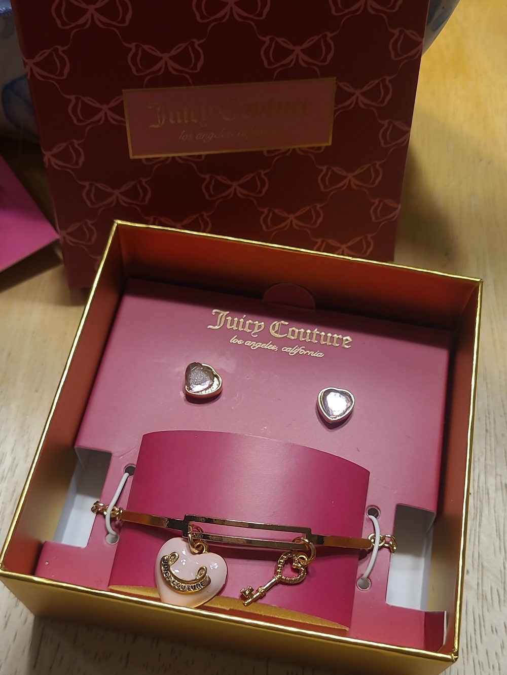 Juicy Couture Pink Enamel Heart Charm Bracelet and Heart Stud Earrings Set